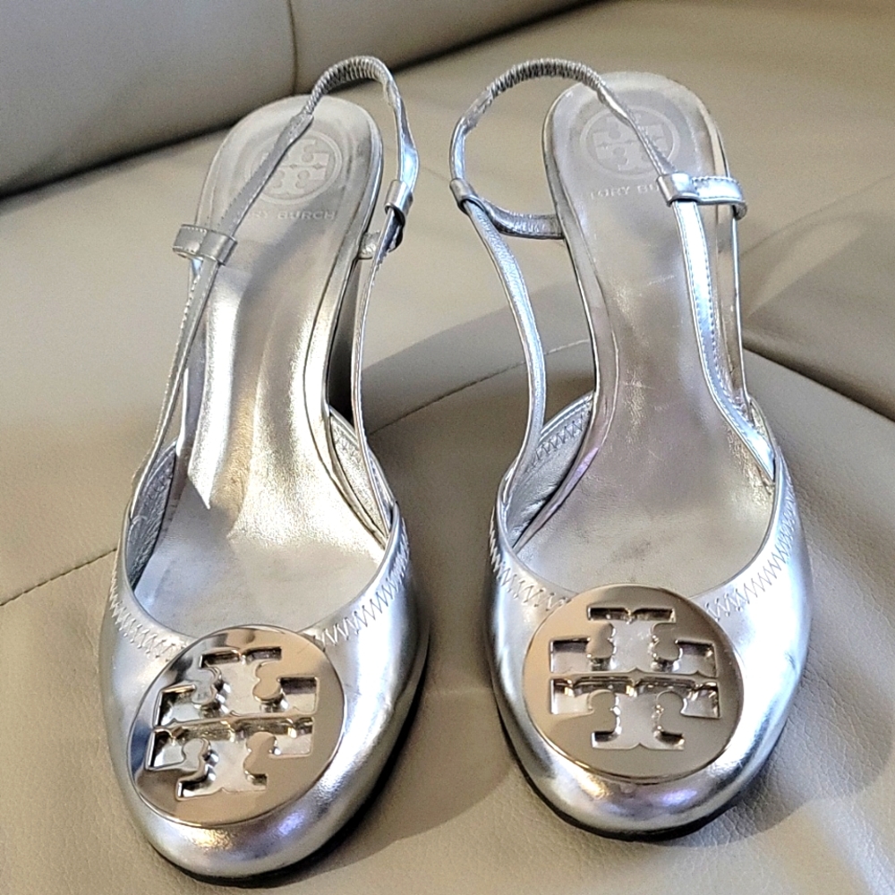 Tory Burch Metallic Silver Wedge (size 9)